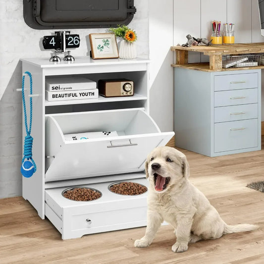 Pet Feeder Station, Dog Food Storage Container with Double Pull Out Dog Bowls, Pet Food Toy Cabinet,