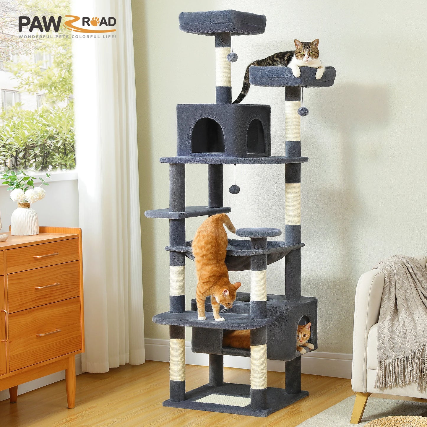 Large Cat Towers 3 Sizes for Indoor Cats With Sisal-Covered Scratching Posts Spacious Hammock, Padded Perches, and Condos