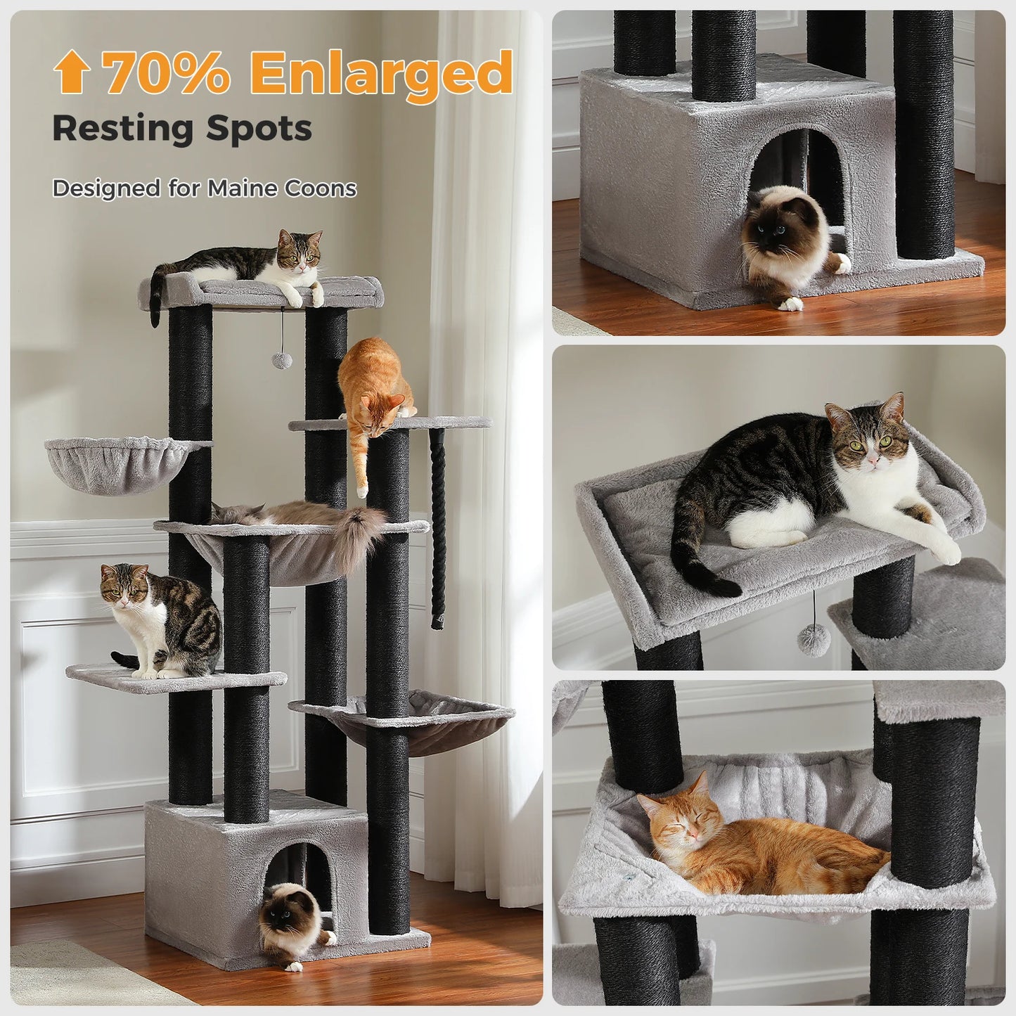 Large Cat Tree for Big Cats, Robust with Several Levels  with Hammock 11 Sisal Posts Large Perch