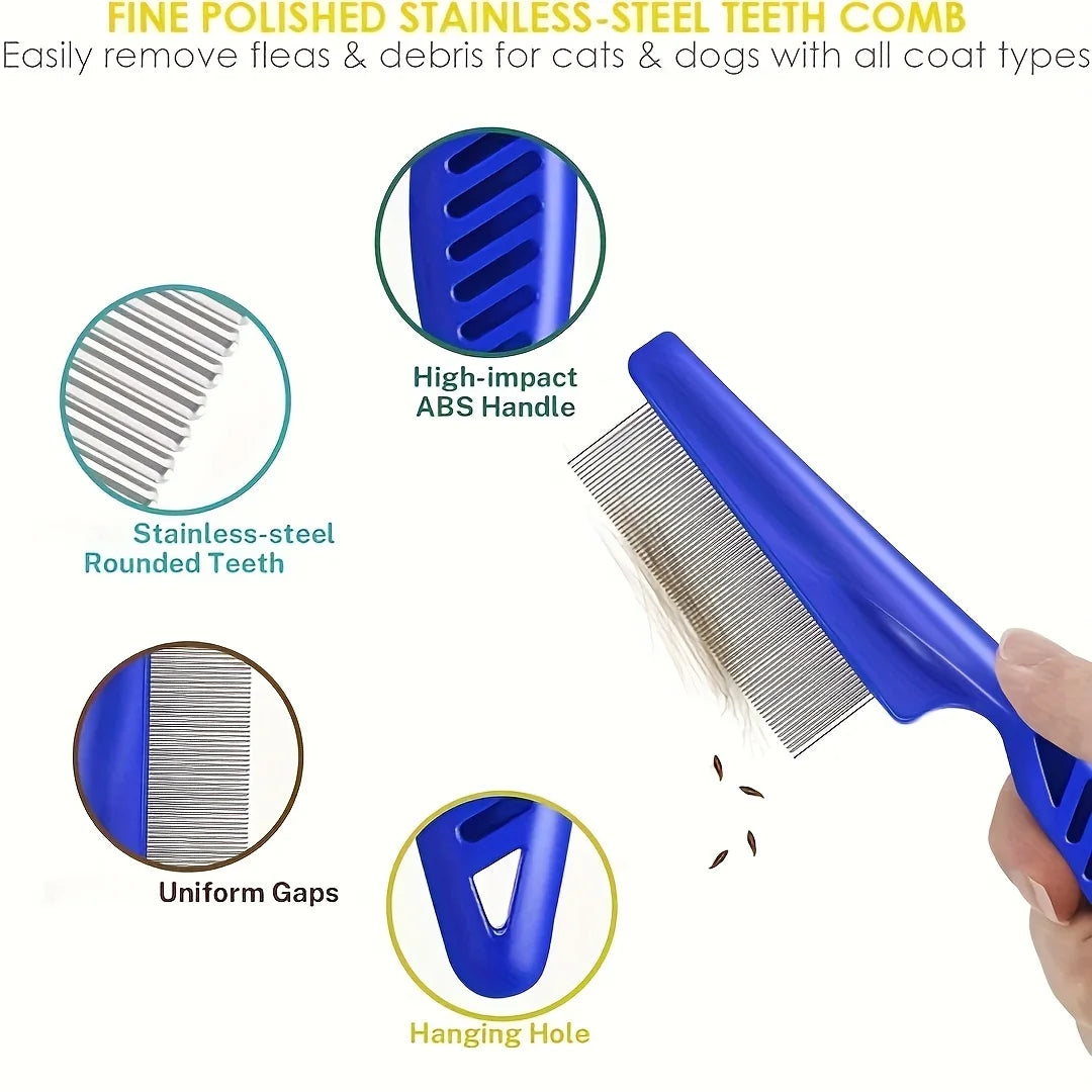 Pack of 4 Flea and Lice Combs, Stainless Steel Rabbit Dog Cat Round Teeth, Double-sided Professional