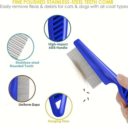 Pack of 4 Flea and Lice Combs, Stainless Steel Rabbit Dog Cat Round Teeth, Double-sided Professional