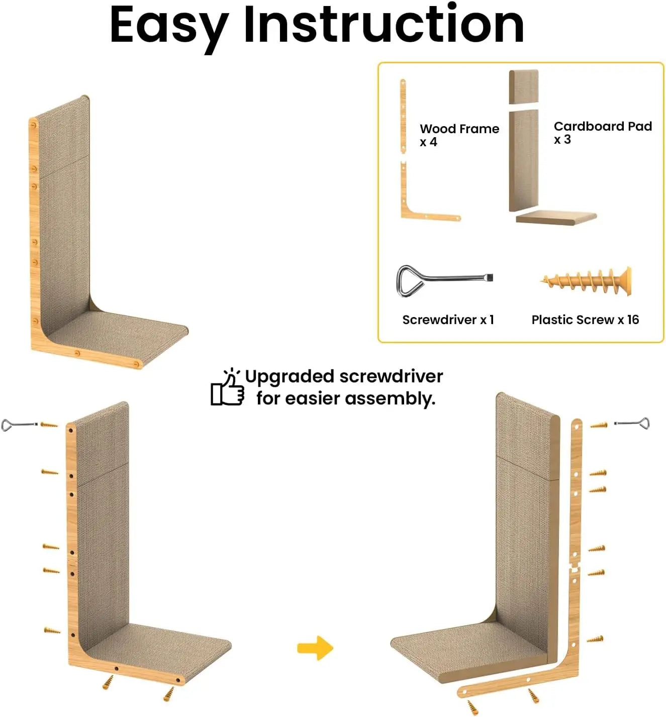 L-Shaped Cat Scratcher, 23" Vertical Wall-Leaning Scratch Pad for Indoor Cats, Protects Furniture with Wood Grain Design