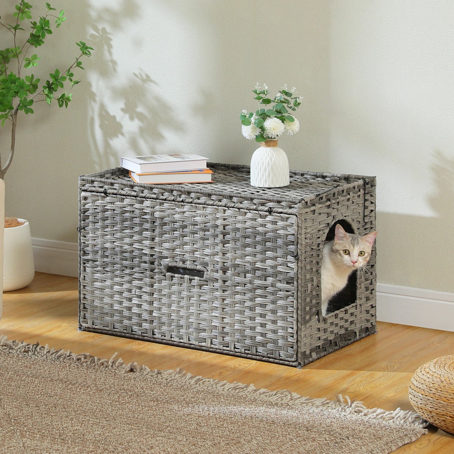 Rattan Cat Litter Box Enclosure Furniture with Door, Hidden Litter Odor Control