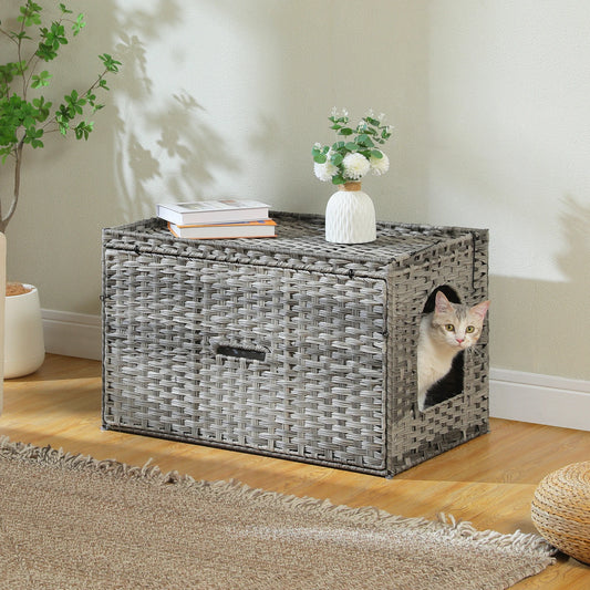 Rattan Cat Litter Box Enclosure Furniture with Door, Hidden Litter Odor Control