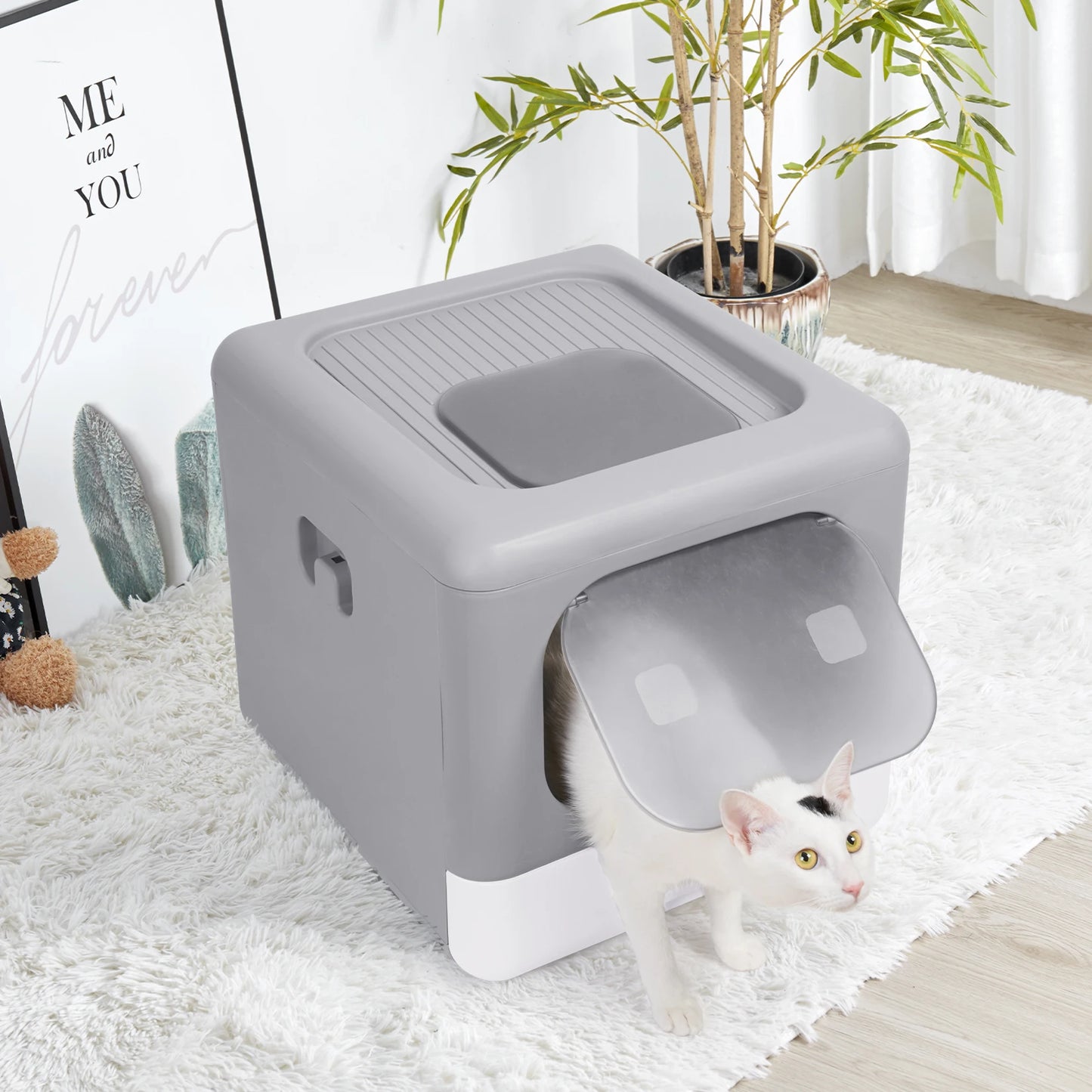 Cat Litter Box with Scoop and Tray Sifting Enclosed Foldable Detachable Pop Top & Front Entry