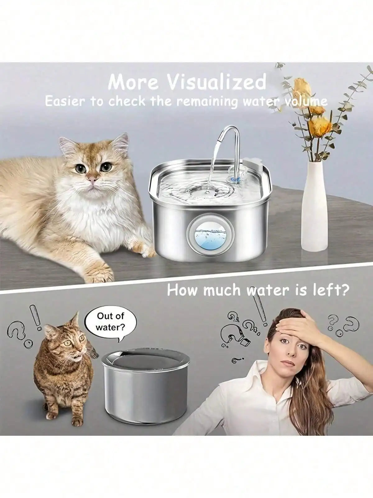 108.2oz Stainless Steel Quiet Cat Dog Water Fountain USB-Powered