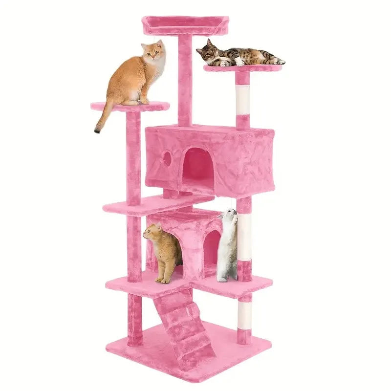54/70 Inch Cat Tower Condo with Sisal-Covered Scratching Posts Dangling Balls