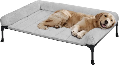 Elevated Orthopedic Dog Bed with Plush Bolster, Removable Washable Mat, Non-Slip Feet, Grey