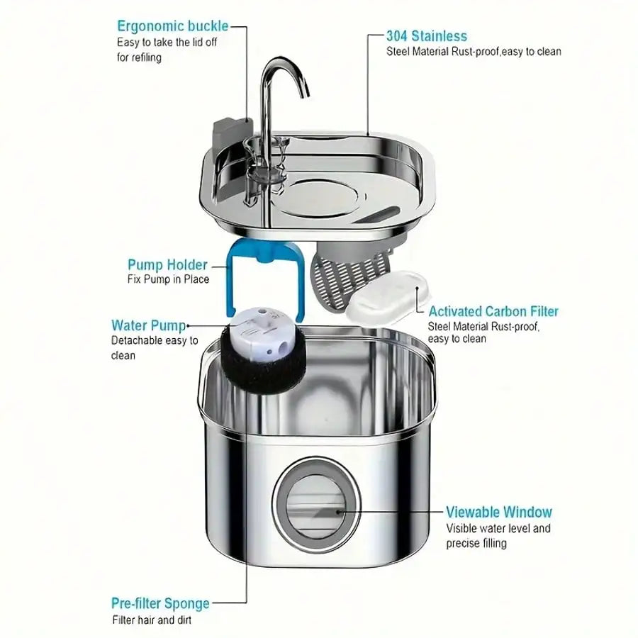 108.2oz Stainless Steel Quiet Cat Dog Water Fountain USB-Powered