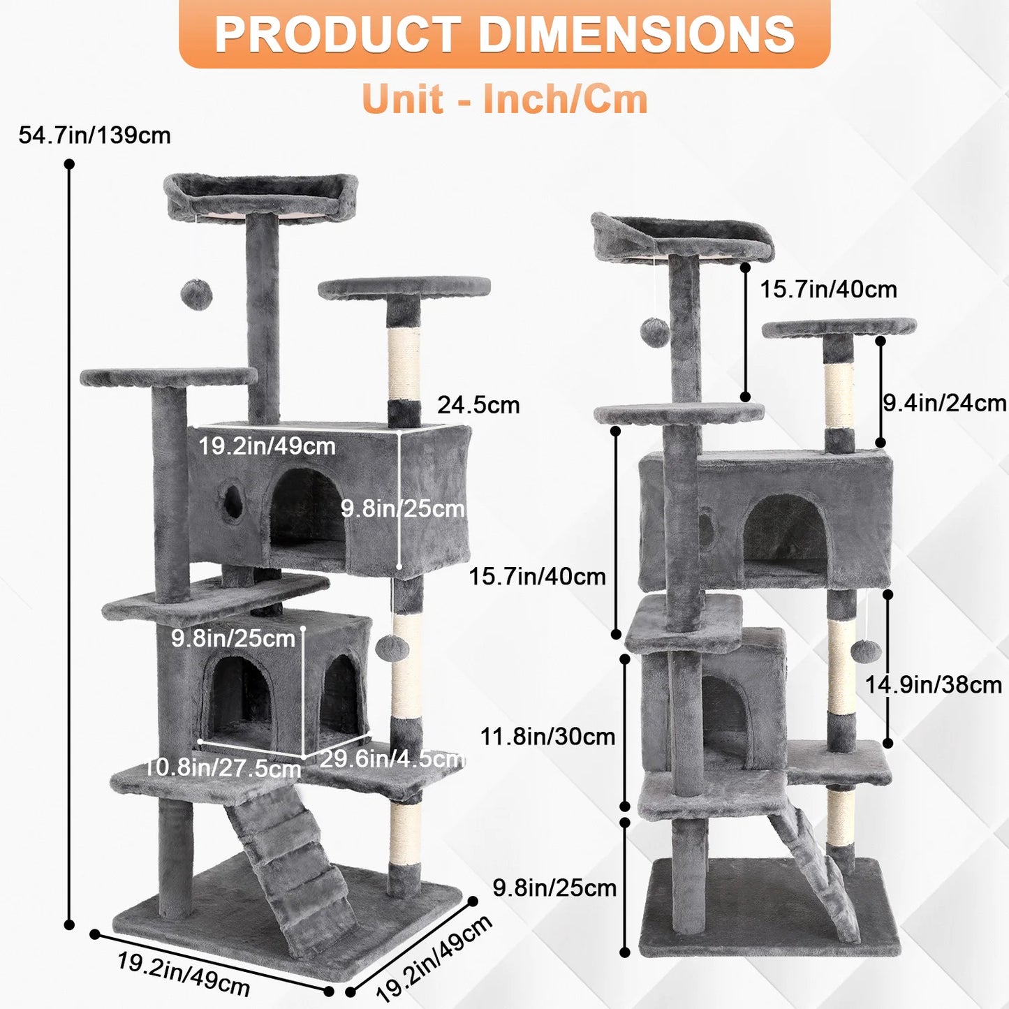 54/70 Inch Cat Tower Condo with Sisal-Covered Scratching Posts Dangling Balls