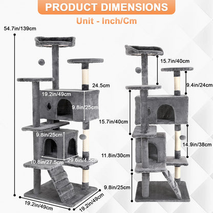 54/70 Inch Cat Tower Condo with Sisal-Covered Scratching Posts Dangling Balls