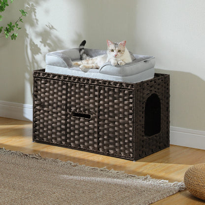 Rattan Cat Litter Box Enclosure Furniture with Door, Hidden Litter Odor Control
