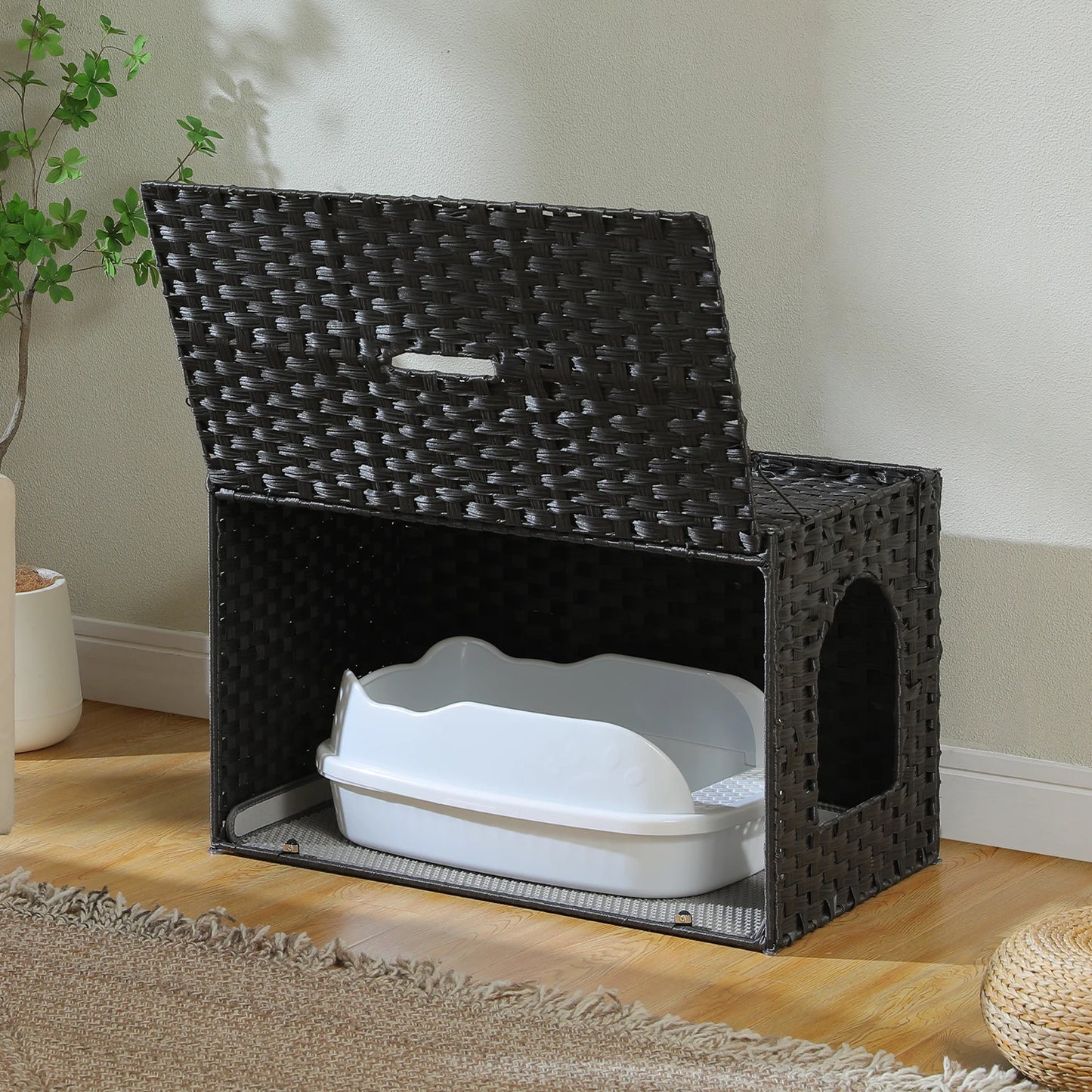 Rattan Cat Litter Box Enclosure Furniture with Door, Hidden Litter Odor Control