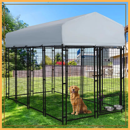 8x4x6 FT Heavy Duty Outdoor Dog Kennel with Roof, Rotating Bowls, Secure Lock for Large Dogs
