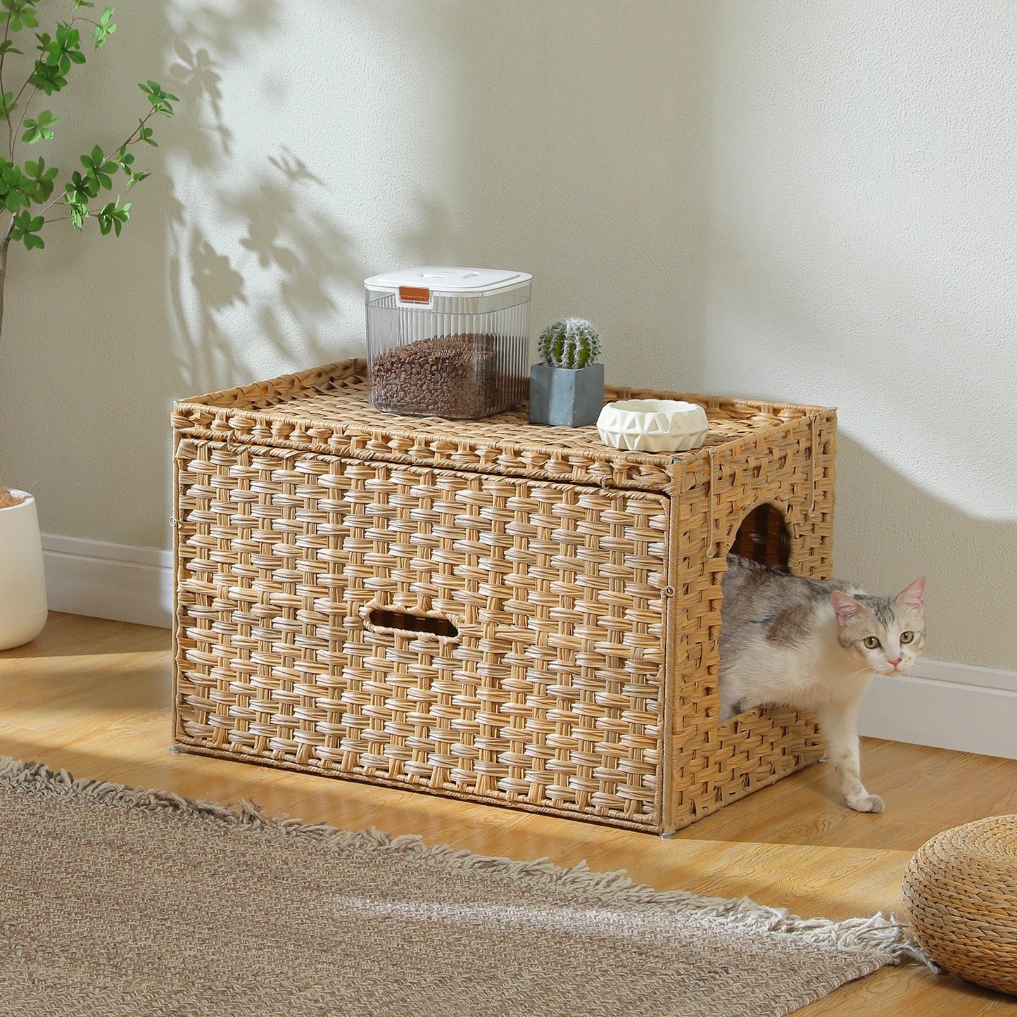 Rattan Cat Litter Box Enclosure Furniture with Door, Hidden Litter Odor Control