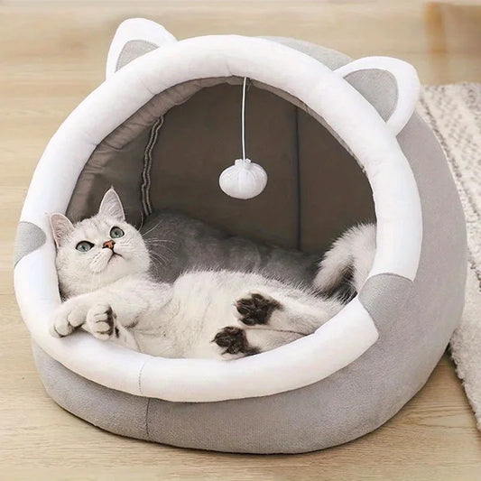 Comfortable Cartoon Cat House with Removable Plush Pad