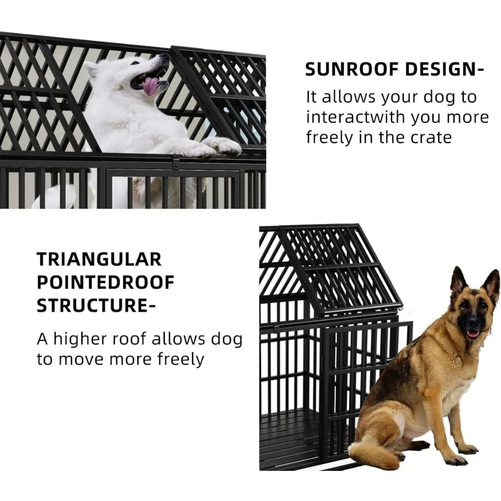 54" / 64" inch Heavy Duty Indestructible Dog Crate, Escape Proof Dog Cage Kennel with Lockable Wheels, High Anxiety Double Door