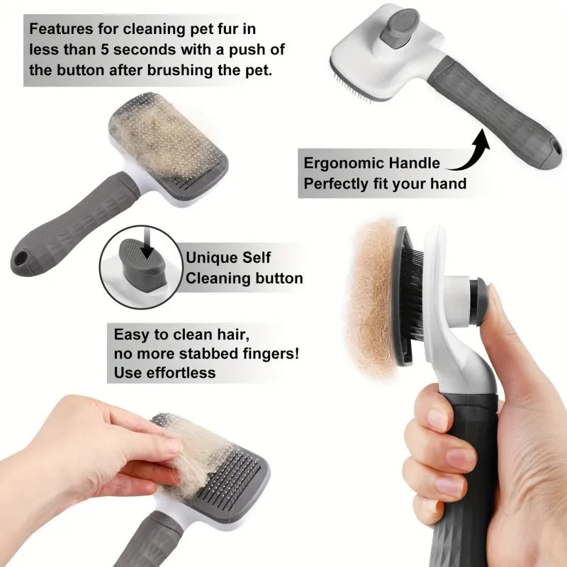 Ergonomic Handle Self Cleaning Pet Brush Round Tip Needles Massage
