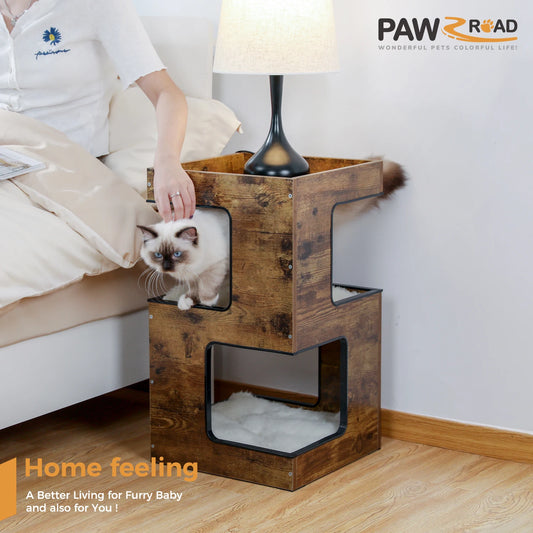 Wood Cat Condo Nightstand with Removable Soft Mats with Scratching Pad