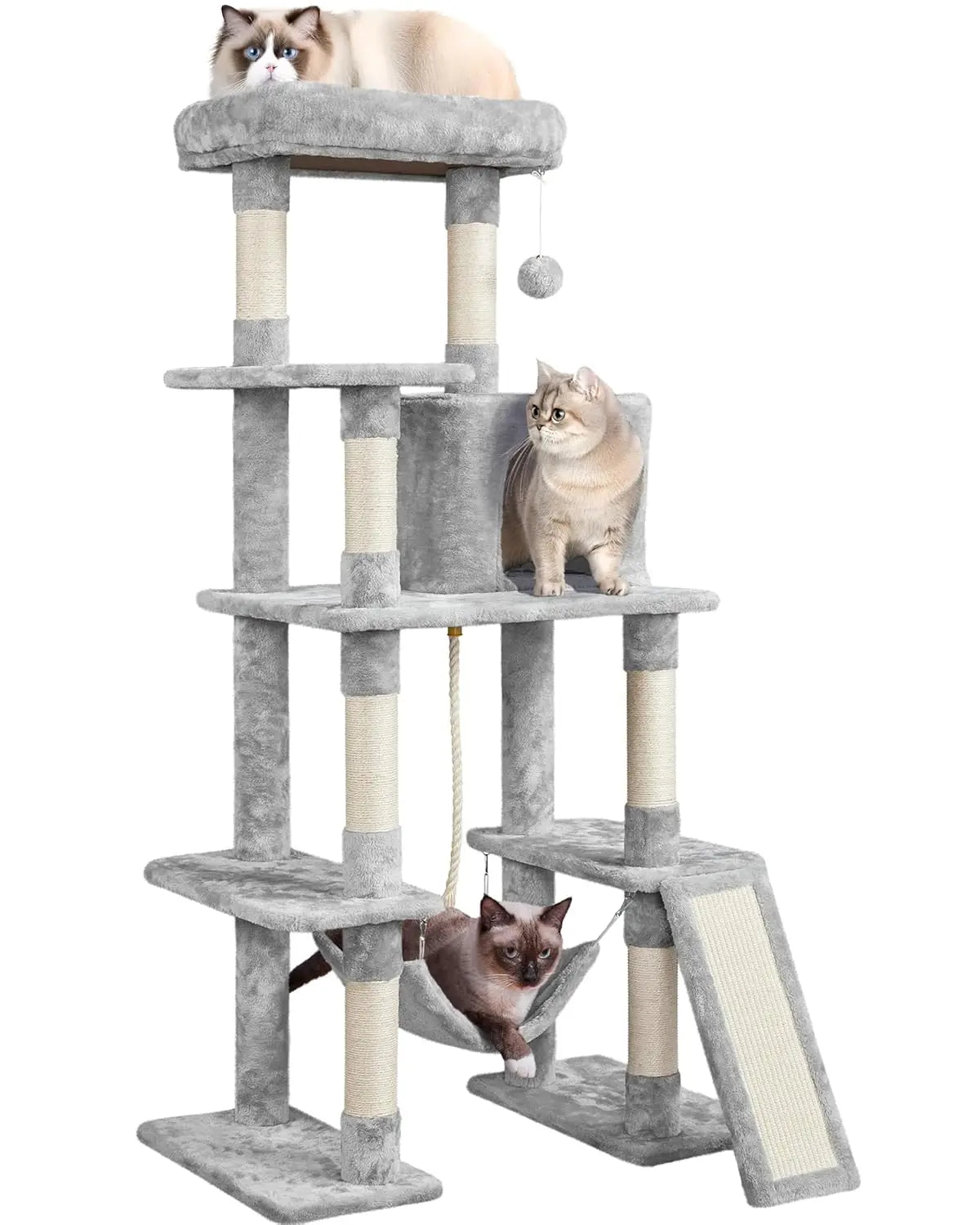 Large Multi-Level Cat Tree, 63 Inches Tall with Sisal-Covered Scratching Posts, Condo, Hammock, Dangling Balls