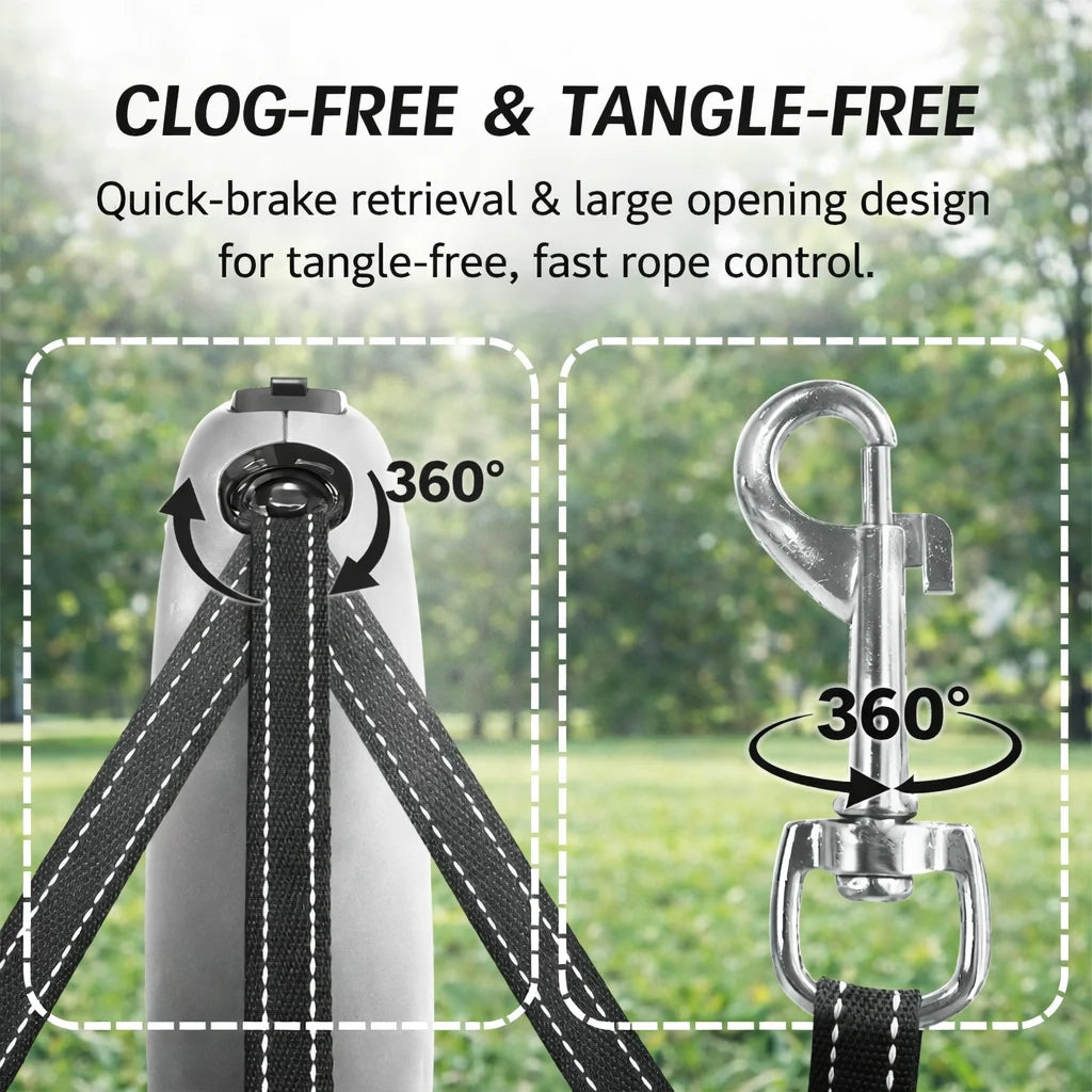 Retractable Dog Leash with 360° Tangle-Free Design, 16 ft Durable Nylon Tape, One-Handed Brake, Pause & Lock, Black