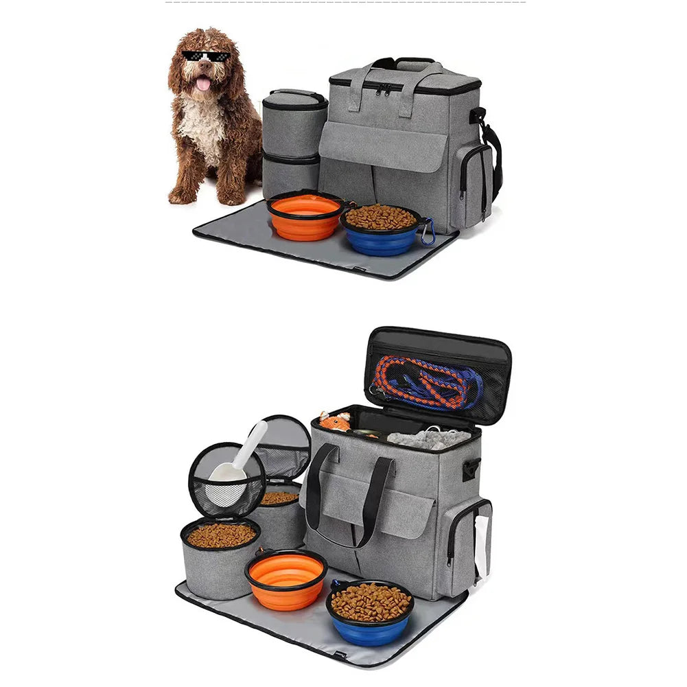 Pet Travel Bag Backpack Organizer for Week Away/Overnight, w/ 2 Food Bags 1 Waterproof Placemat 2 Foldable Bowls