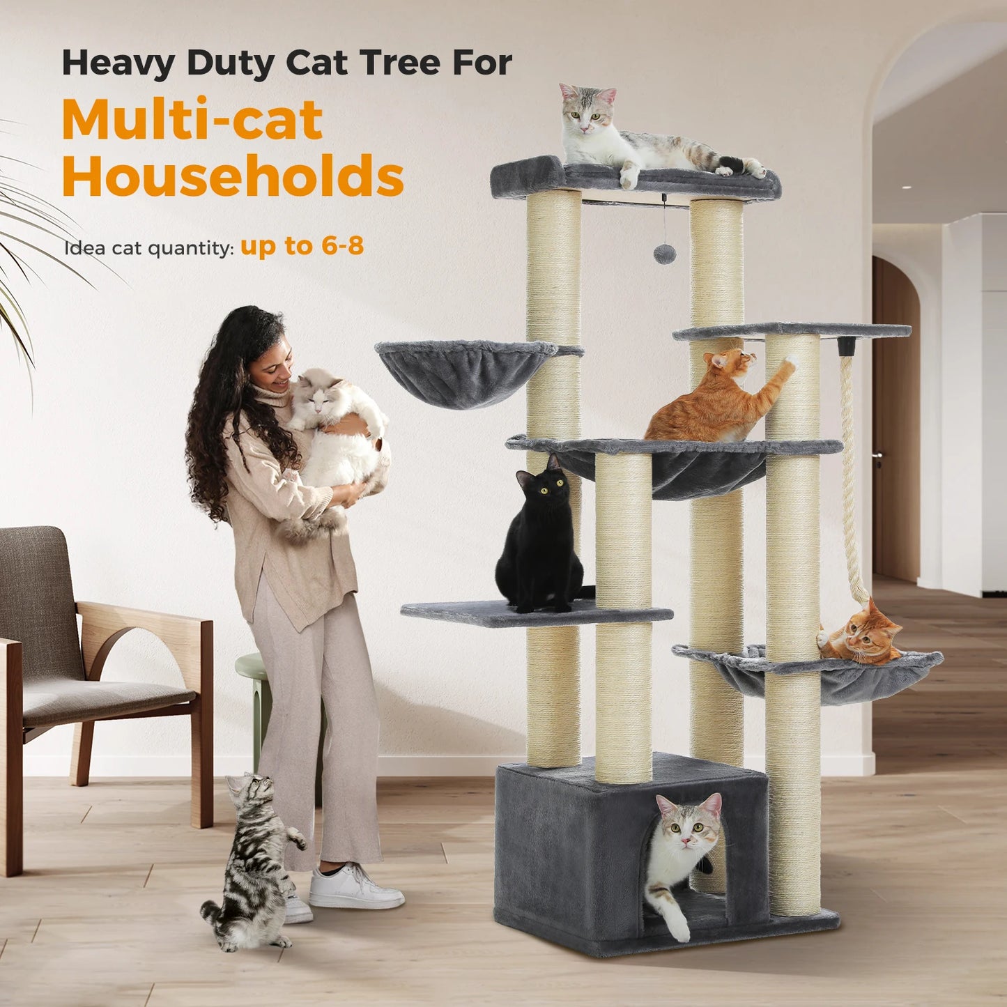 Large Cat Tree for Big Cats, Robust with Several Levels  with Hammock 11 Sisal Posts Large Perch