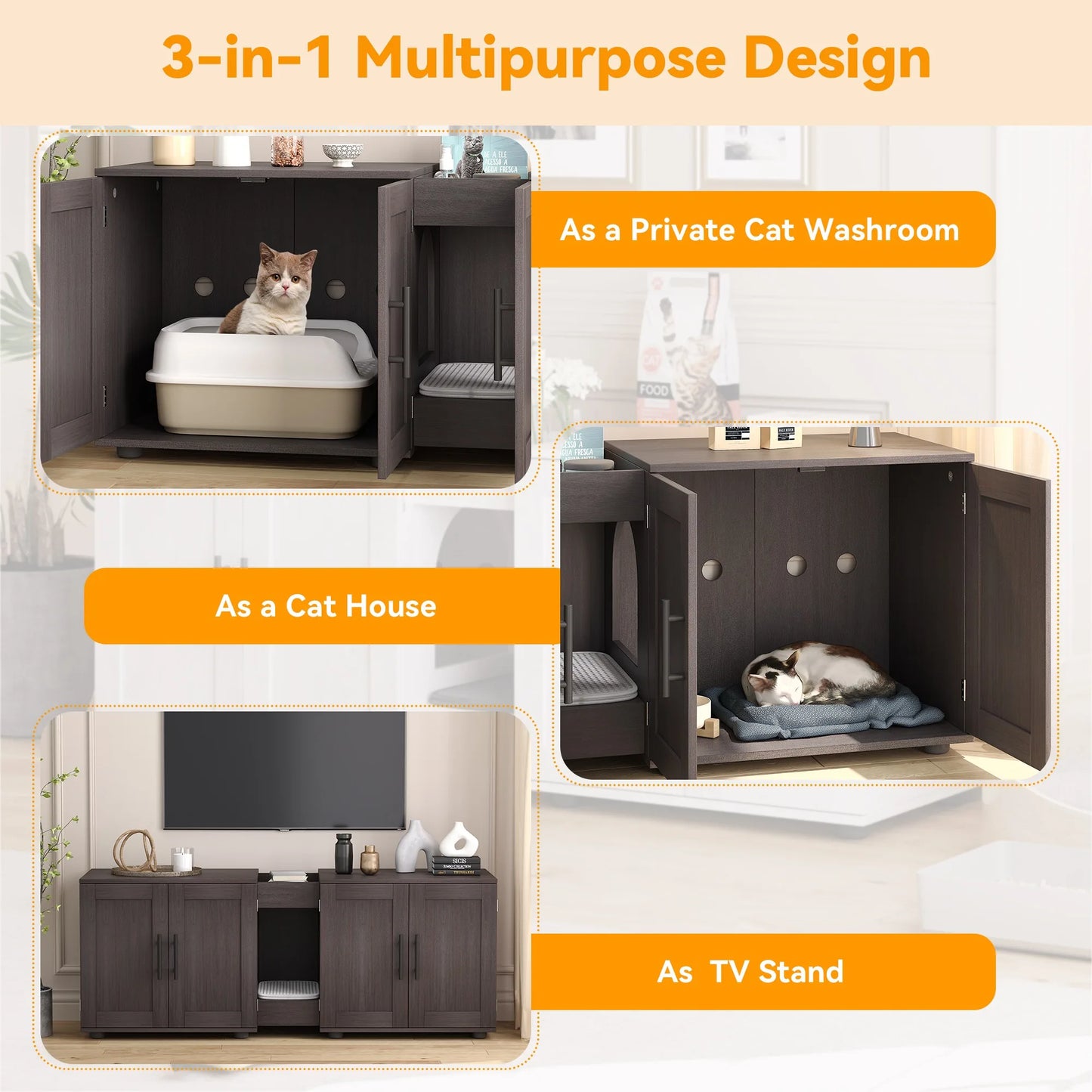 Double Cat Litter Box TV Stand 3 Colors