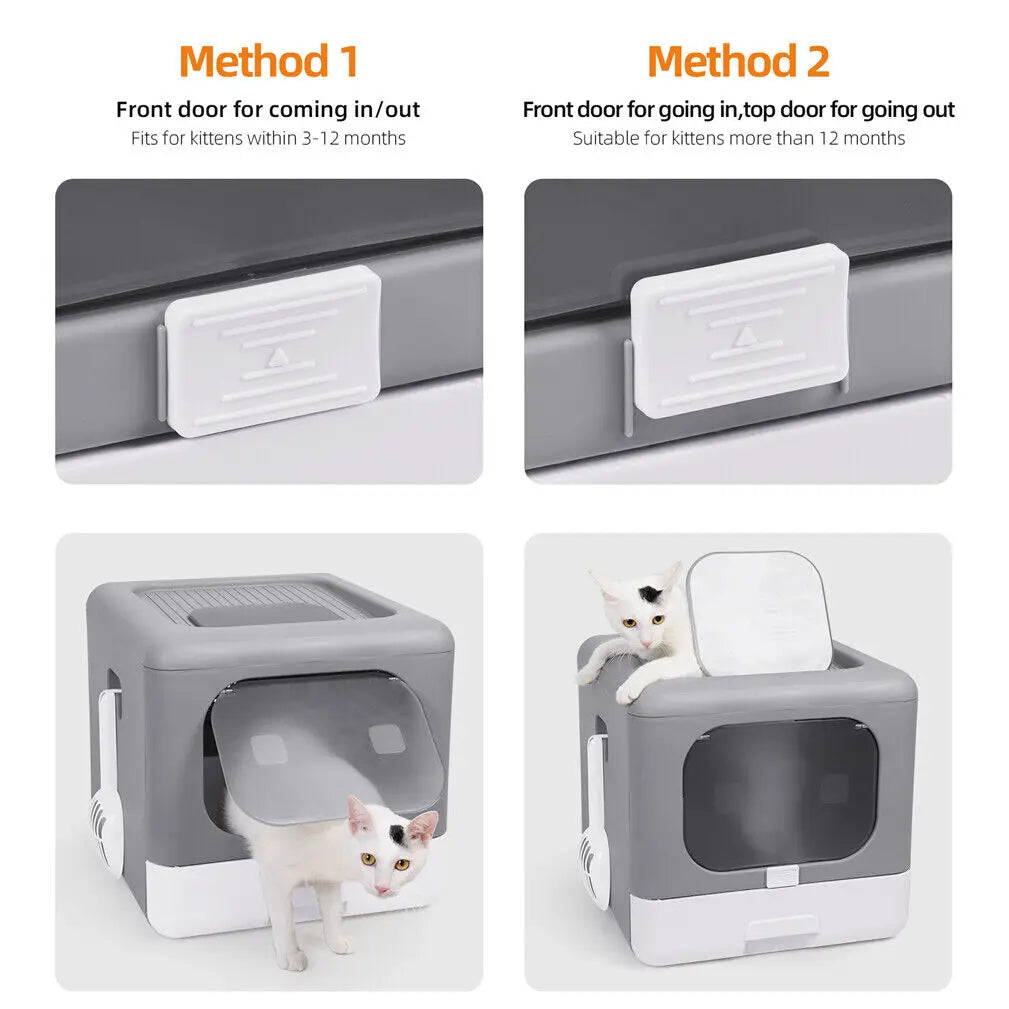 Cat Litter Box with Scoop and Tray Sifting Enclosed Foldable Detachable Pop Top & Front Entry