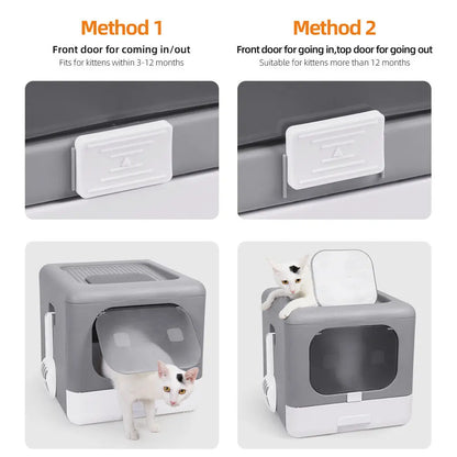Cat Litter Box with Scoop and Tray Sifting Enclosed Foldable Detachable Pop Top & Front Entry