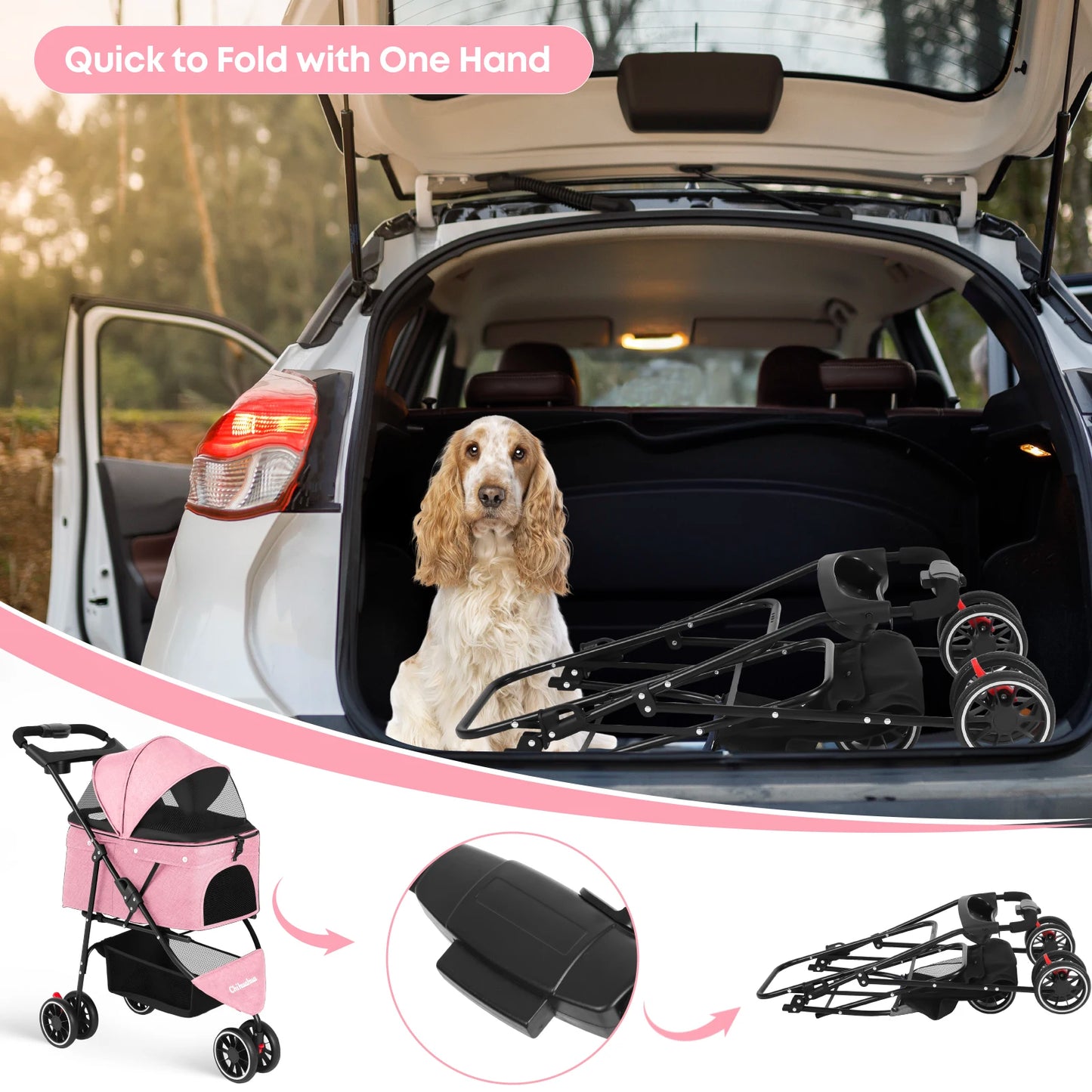 Pet Stroller For Small Puppy Dogs & Cats Travel Portable, Foldable