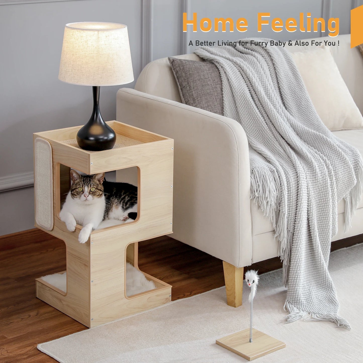 Wood Cat Condo Nightstand with Removable Soft Mats with Scratching Pad