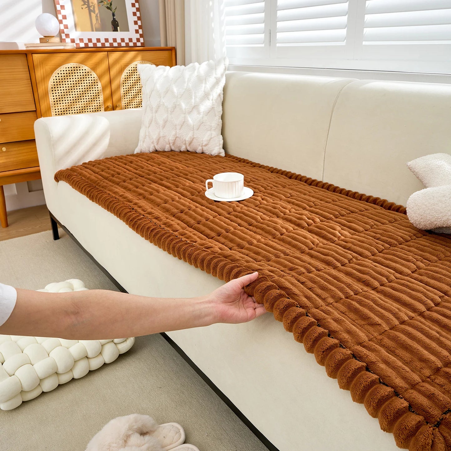1pc modern minimalist thick plush sofa cover, non-slip design, quilted