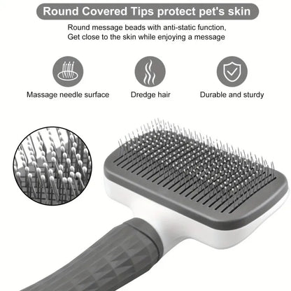 Ergonomic Handle Self Cleaning Pet Brush Round Tip Needles Massage