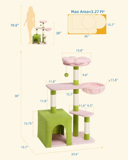 Large Cat Tree with 2-Door Condo, Scratching Posts, Floral Perch & Hammock for Adult Cats, Green Pink