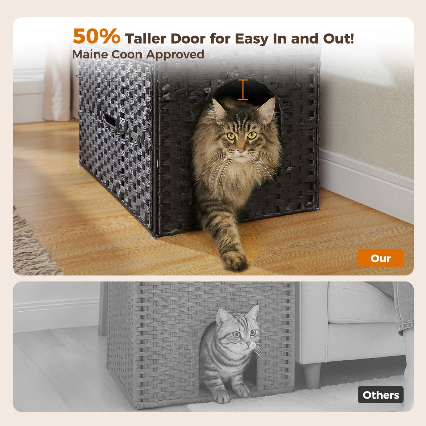 Rattan Cat Litter Box Enclosure Furniture with Door, Hidden Litter Odor Control