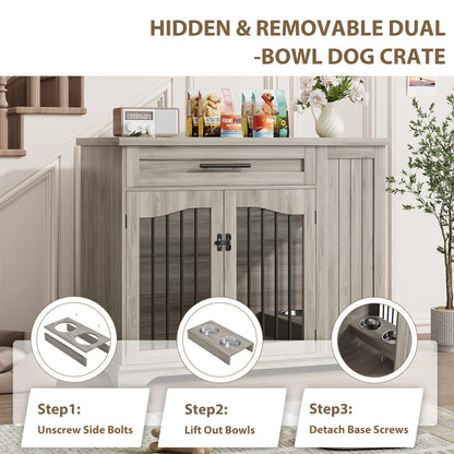 44 Inch Furniture Style Dog Crate Heavy Duty Wooden Dog Kennel With Drawer Side Storage & Built-in Feeding Station For Pets