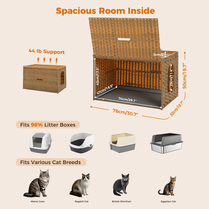 Rattan Cat Litter Box Enclosure Furniture with Door, Hidden Litter Odor Control