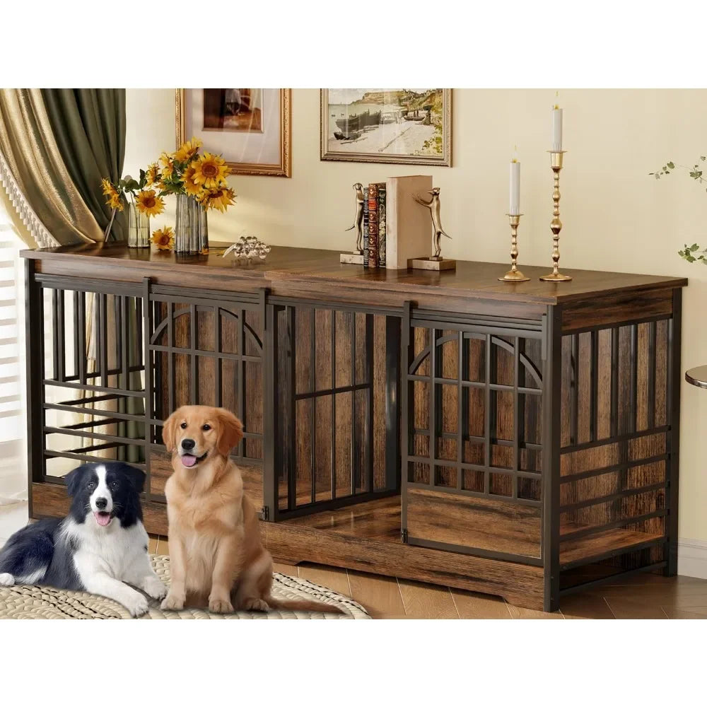 Double Dog Crate Furniture, Extra Large Dog Kennel Indoor with Divider, Heavy Duty Dog Cage for 2 Dogs