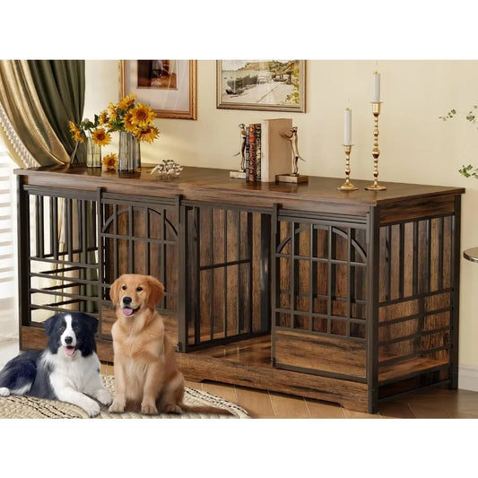Double Dog Crate Furniture, Extra Large Dog Kennel Indoor with Divider, Heavy Duty Dog Cage for 2 Dogs
