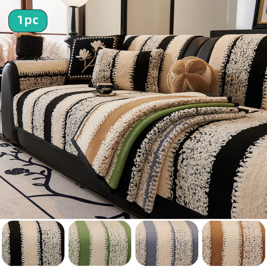 1pc multicolor striped thick plush sofa cover, non-slip, pet-friendly