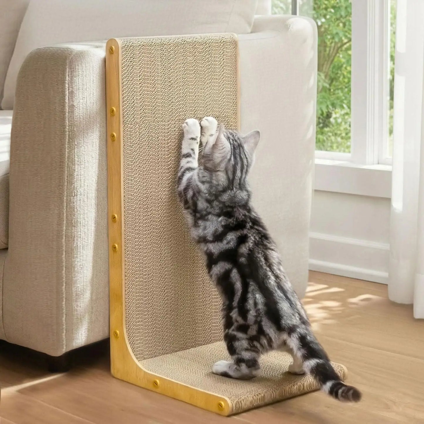 L-Shaped Cat Scratcher, 23" Vertical Wall-Leaning Scratch Pad for Indoor Cats, Protects Furniture with Wood Grain Design