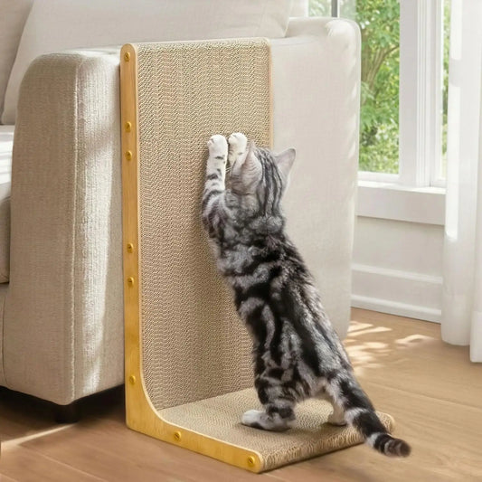 L-Shaped Cat Scratcher, 23" Vertical Wall-Leaning Scratch Pad for Indoor Cats, Protects Furniture with Wood Grain Design