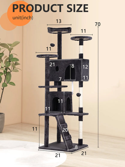54/70 Inch Cat Tower Condo with Sisal-Covered Scratching Posts Dangling Balls