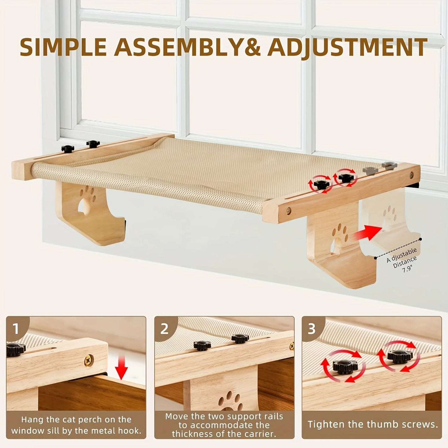 Cat Window Hammock, for Indoor Cats, wooden and metal frame, easy to adjust