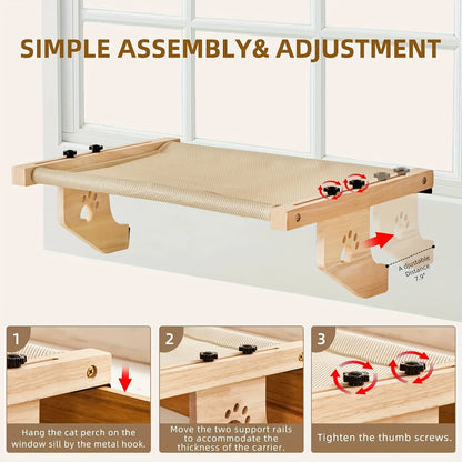 Cat Window Hammock, for Indoor Cats, wooden and metal frame, easy to adjust