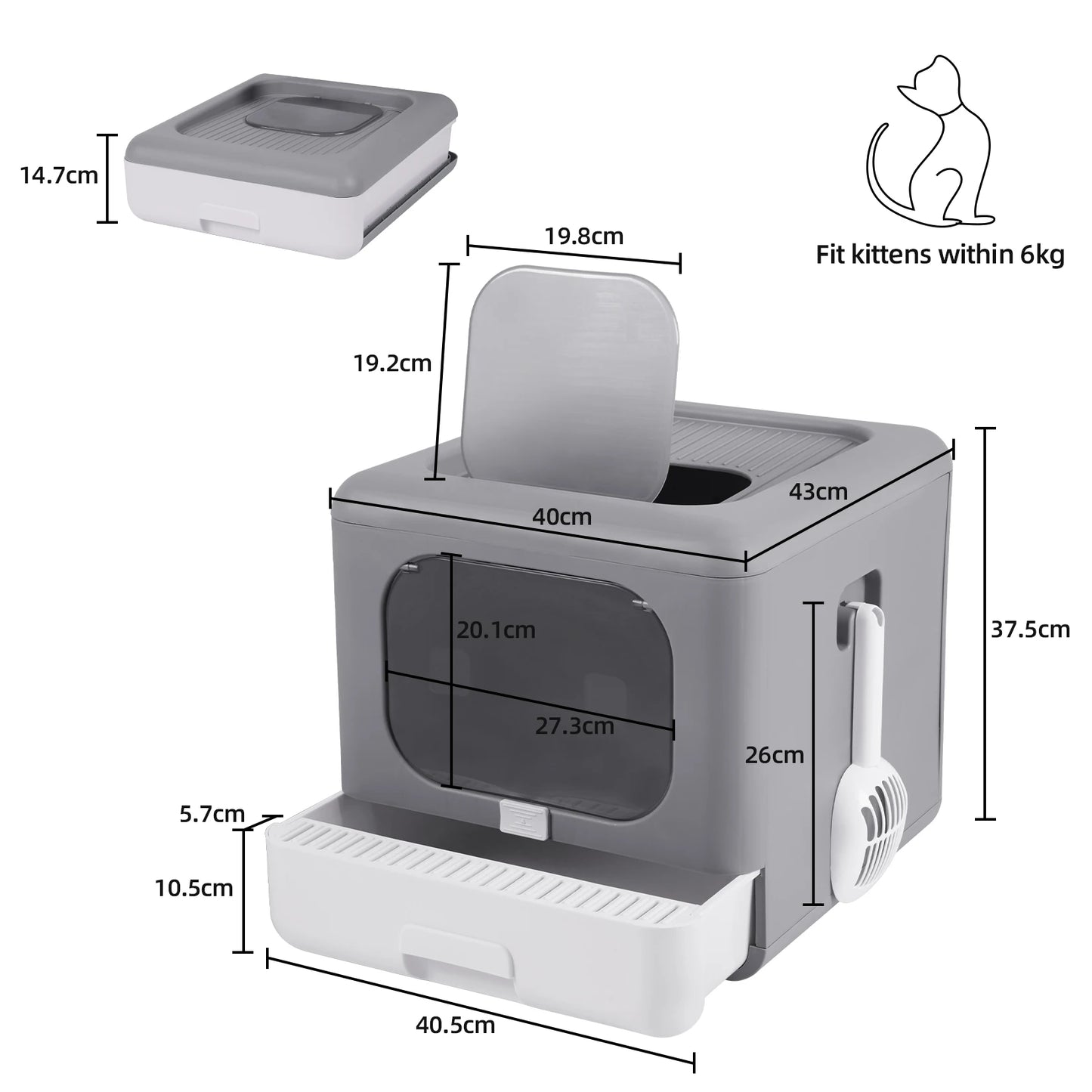 Cat Litter Box with Scoop and Tray Sifting Enclosed Foldable Detachable Pop Top & Front Entry