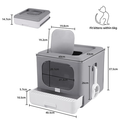 Cat Litter Box with Scoop and Tray Sifting Enclosed Foldable Detachable Pop Top & Front Entry