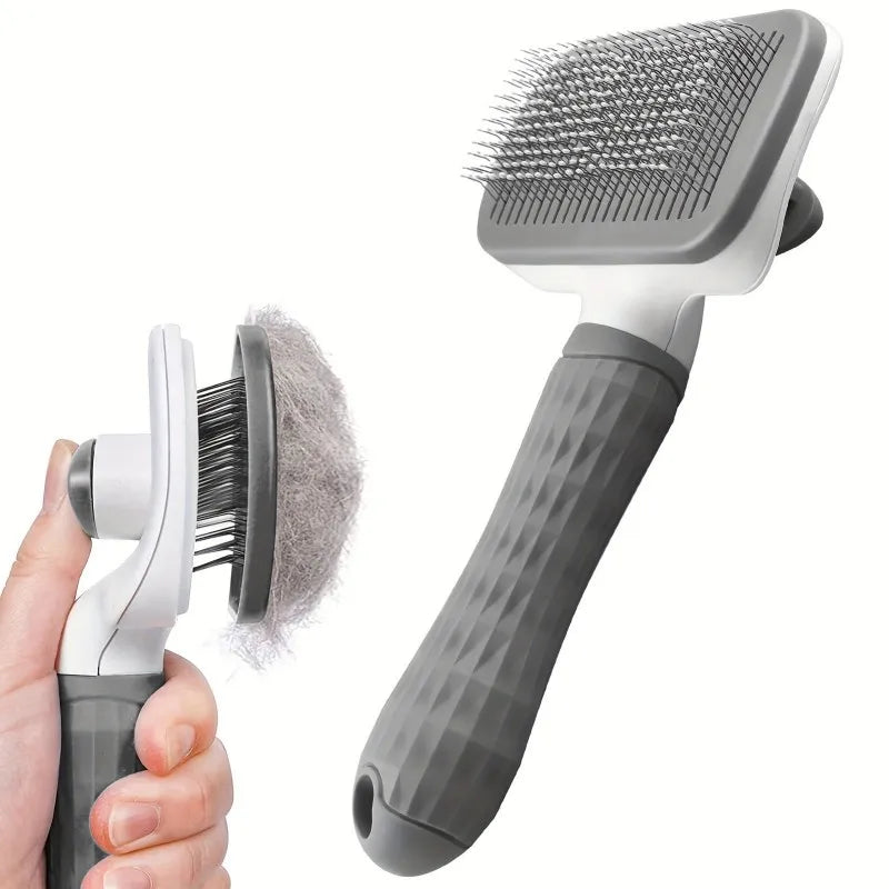Dual-Use Dog & Cat Grooming Brush / Self-Cleaning Slicker Comb with Round-Tip Bent Needles, Ergonomic Handle