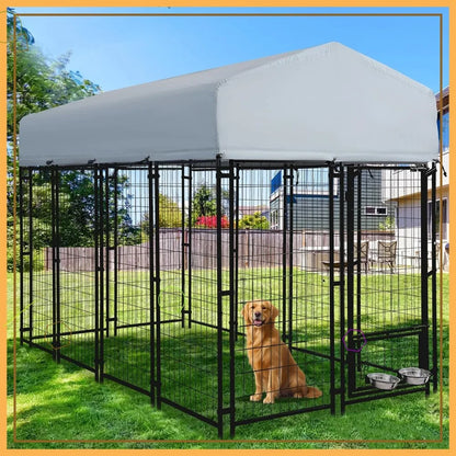8x4x6 FT Heavy Duty Outdoor Dog Kennel with Roof, Rotating Bowls, Secure Lock for Large Dogs